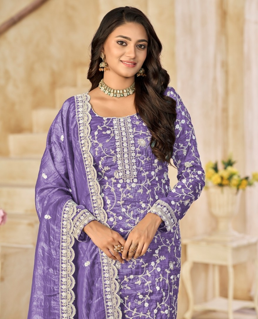 227-purple - Crush Straight Suit with Embroidered Work for Festival in Violet